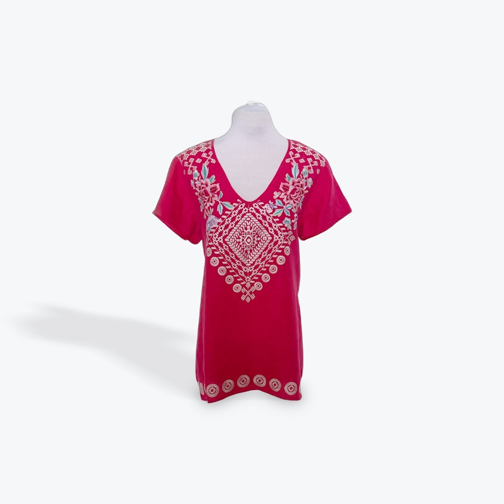 JW Los Angeles Johnny Was Fuchsia Pink Embroidered Linen Tunic Top Womens Medium